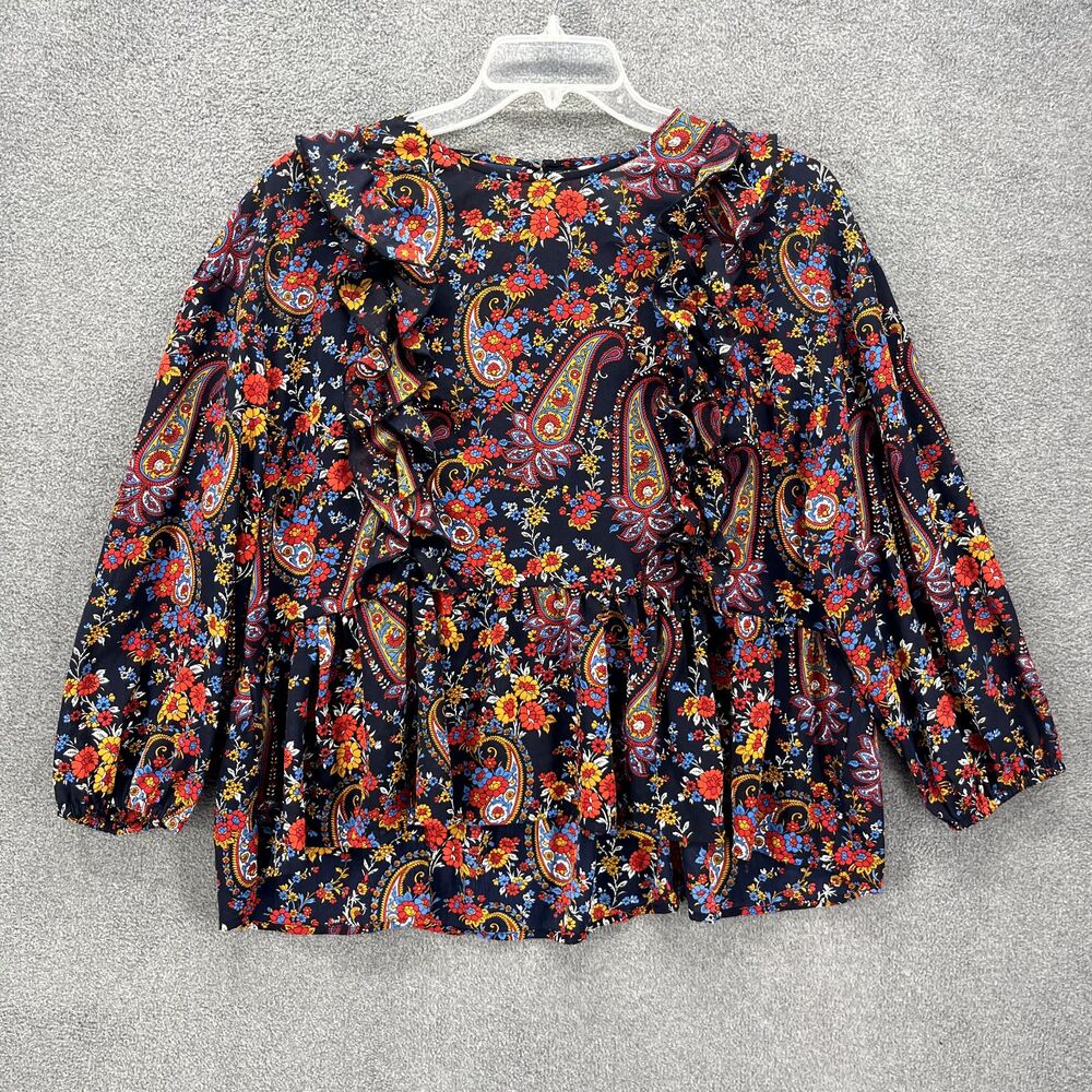 H&M Top women 14 Blue red‎ Floral Ruffle Long Sleeve Flared crew neck Blouse
